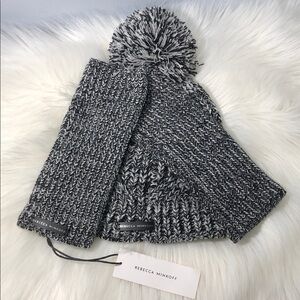 Rebecca Minkoff Marled Beanie and Arm Warmer set in black and white acrylic knit